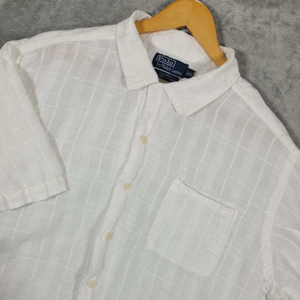 Vtg Polo Ralph Lauren Caldwell Shirt Men's XL White Linen Blend Loop Collar Camp